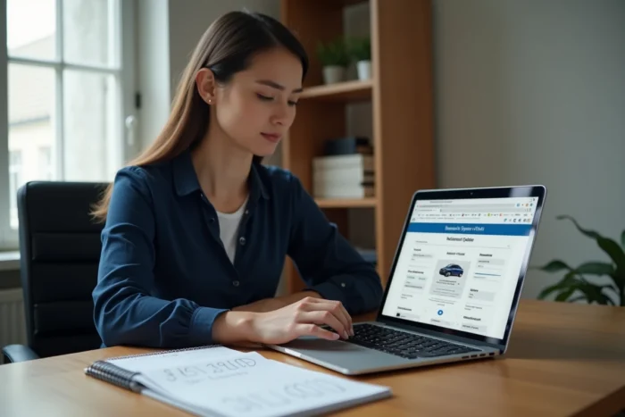 Femme recherchant le code autoradio Volkswagen sur un ordinateur portable à son bureau