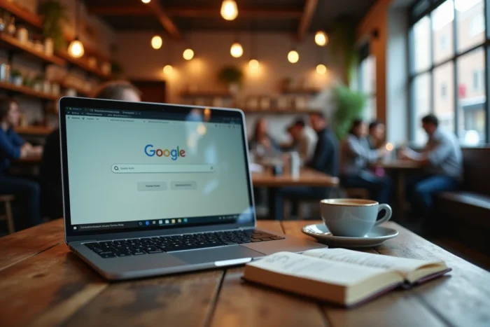 Écran d'ordinateur portable affichant une recherche Google tendance posé sur une table de café avec un carnet de notes