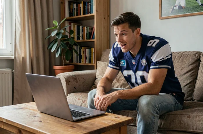 Jeune homme regardant un match de football en direct sur son ordinateur portable dans son salon