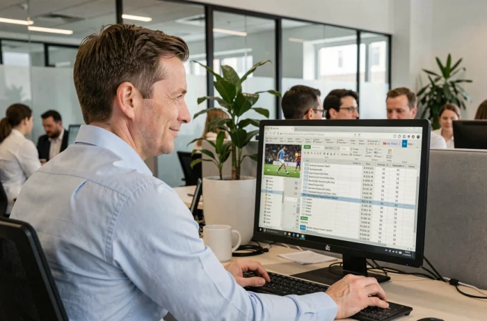 Employé de bureau regardant discrètement un match de foot en streaming sur son ordinateur au travail