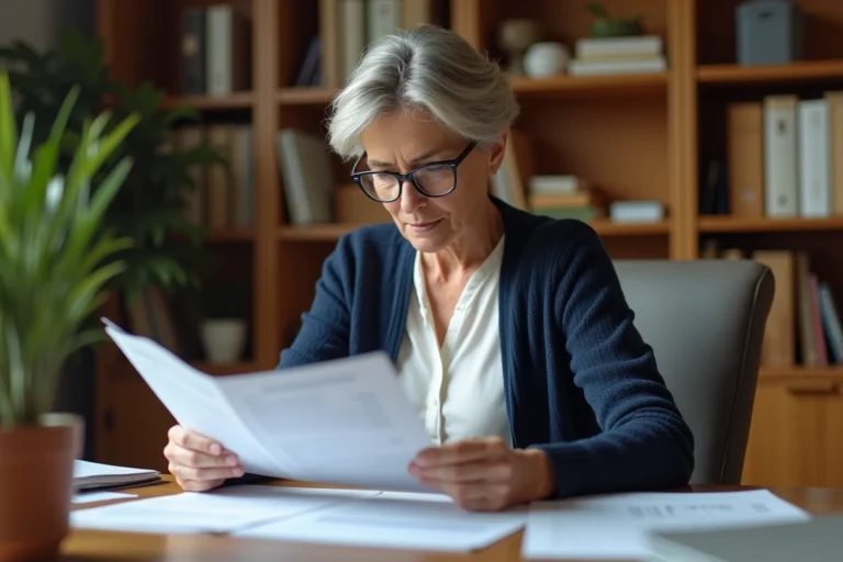 Femme consultant des documents de remboursement de mutuelle pour une prothèse capillaire à son bureau