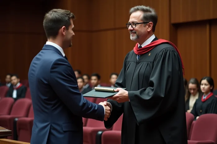 Homme en costume recevant son diplôme officiel lors d'une cérémonie de remise de diplômes universitaires