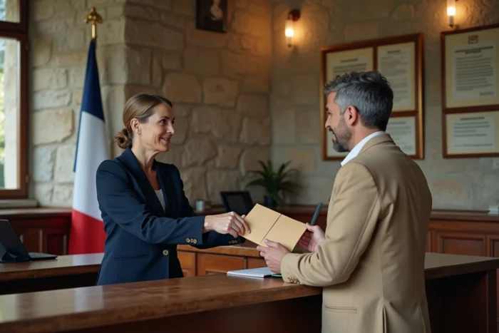 Remise d'une fiche individuelle d'état civil au guichet d'une mairie française