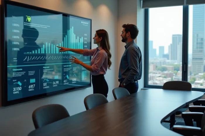 Deux collègues analysant des données informatiques sur un écran interactif en salle de réunion avec vue sur la ville