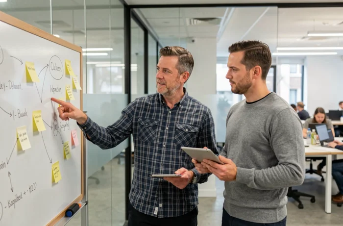 Deux hommes d'affaires en réunion dans une salle vitrée d'un espace de coworking avec tableau blanc et notes adhesives