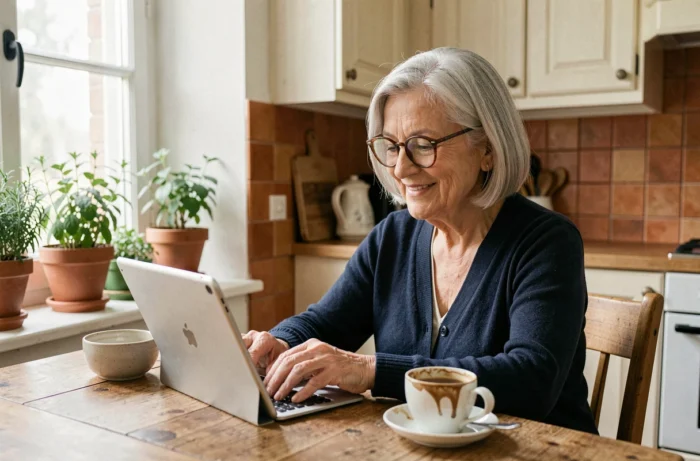 Femme senior souriante faisant un appel vidéo sur une tablette dans sa cuisine, illustrant l'autonomie numérique des personnes âgées