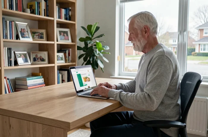 Homme senior utilisant un ordinateur portable pour commander ses courses en ligne depuis son bureau à domicile, symbole de l'autonomie grâce à Internet