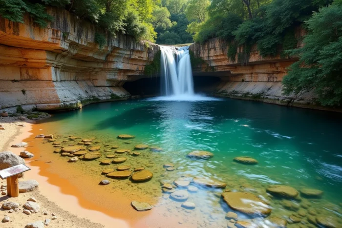 Site naturel de la cascade de la Vis désert avec panneau de réglementation de la baignade en 2026