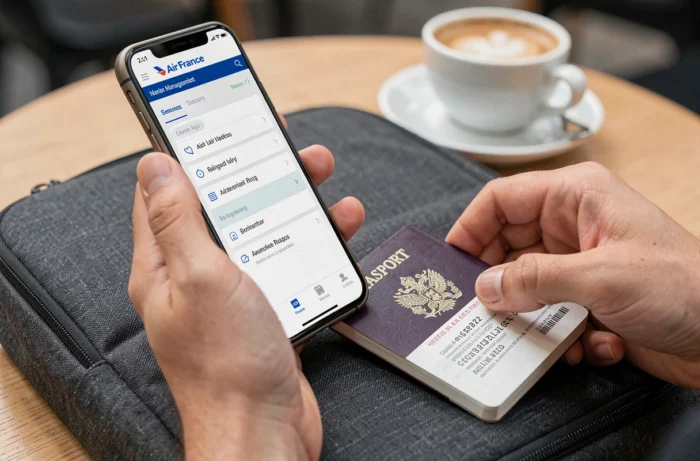 Mains tenant un smartphone avec la gestion de réservation Air France et un passeport ouvert