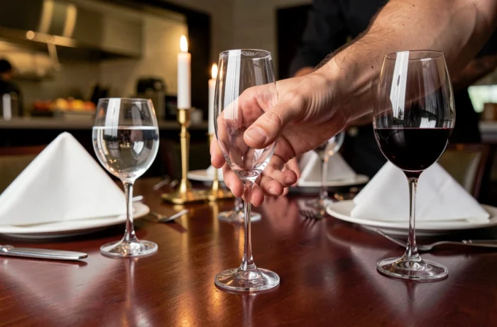 Sommelier plaçant avec précision une flûte à champagne en cristal lors de la mise en place d'une table de restaurant gastronomique