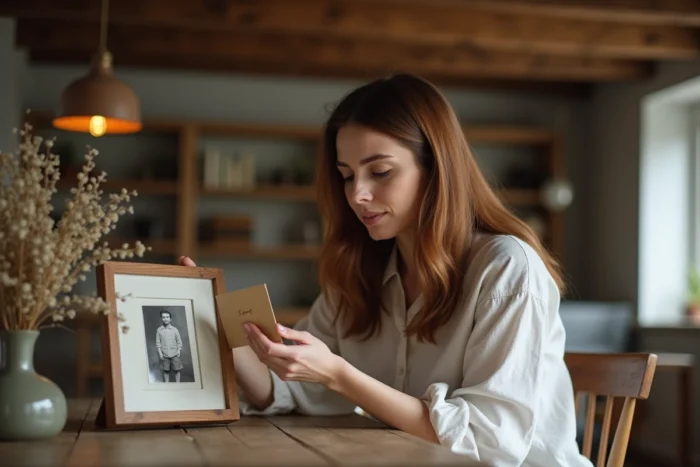 Une femme tient une carte écrite à la main tout en regardant une photographie d'enfance posée sur une table en bois