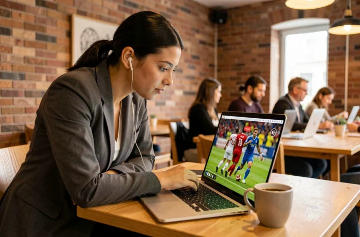 Femme en télétravail regardant un match de football en streaming sur son ordinateur portable dans un espace de coworking