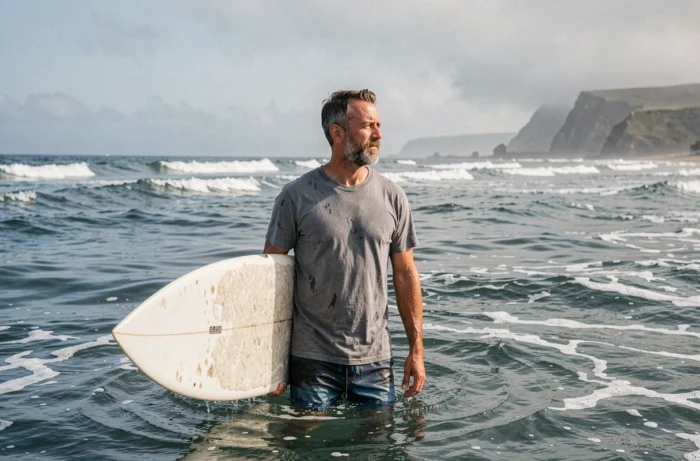 Surfeur expérimenté tenant sa planche dans l'océan, représentant les sports nautiques et la connexion avec la nature