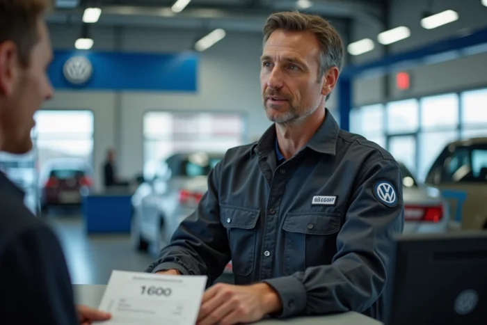 Technicien Volkswagen remettant le code de déverrouillage autoradio à un client en concession