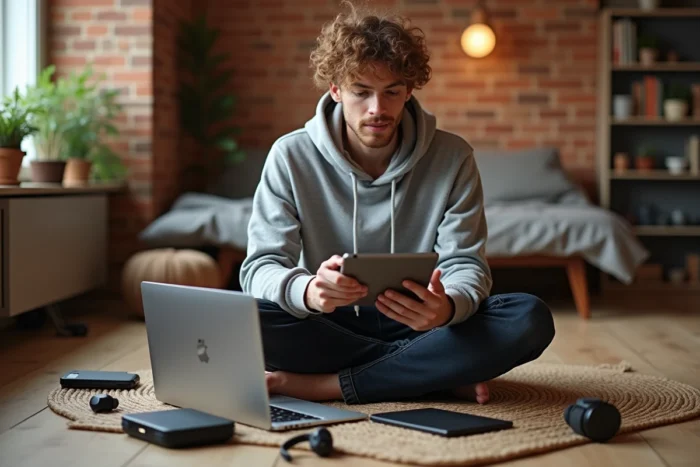 Jeune homme entouré de gadgets technologiques modernes dans un espace de travail à domicile décontracté sur parquet