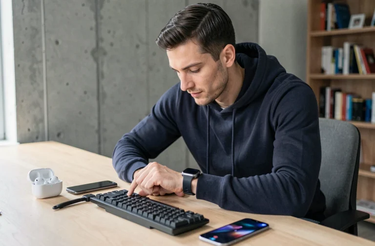 Homme geek explorant les dernières nouveautés tech sur un bureau minimaliste avec gadgets high-tech