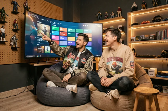 Deux amis geeks réagissant aux dernières tendances jeux vidéo dans une salle de gaming immersive