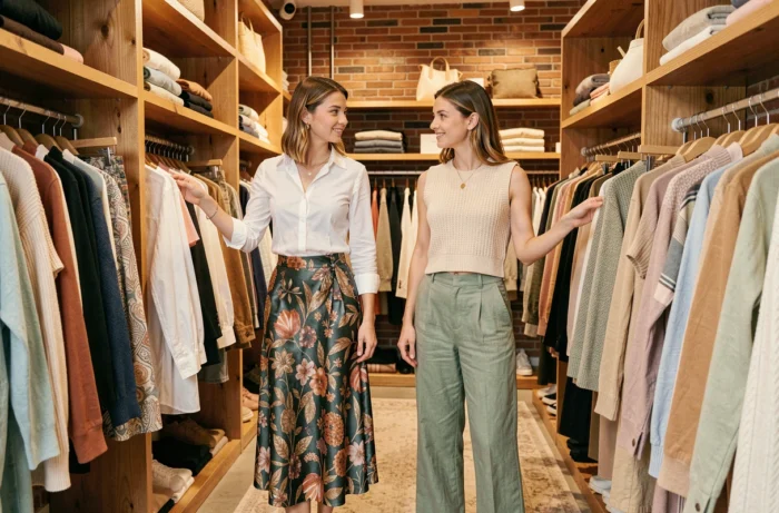 Deux femmes parcourant des vêtements dans une boutique concept store tendance, looks mode printemps-été 2024