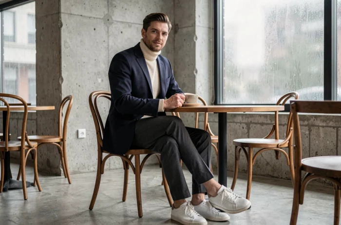 Homme en blazer marine et col roulé crème assis dans un café minimaliste, style mode homme tendances 2024