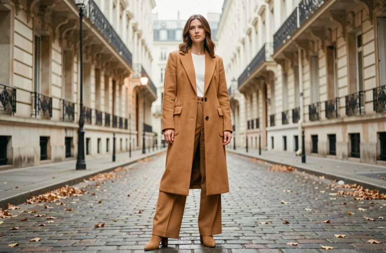 Femme portant un manteau camel oversize et un pantalon large dans une rue pavée parisienne, tendances mode automne 2024