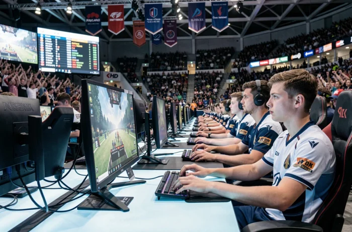 Joueurs professionnels en compétition esports dans une grande arène avec public et écrans LED lors d'un tournoi officiel