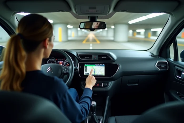 Femme utilisant le système GPS tactile de la Citroën C3 Aircross pour naviguer en ville