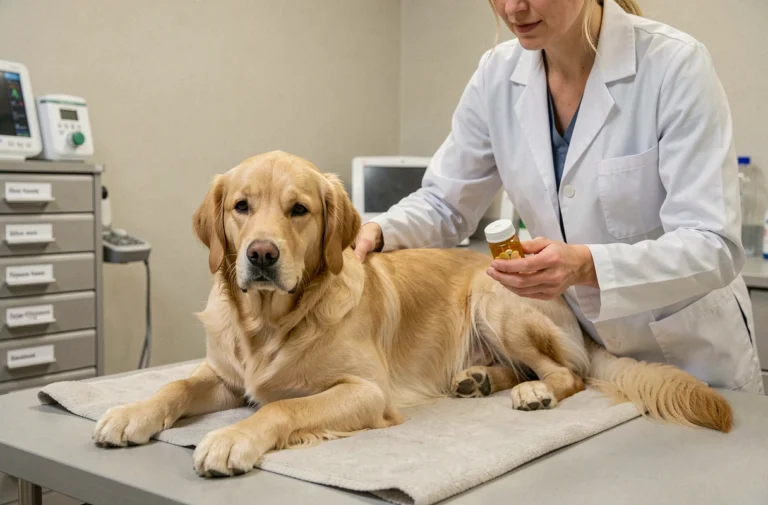 Vétérinaire examinant un golden retriever calme sur une table de consultation, tenant un flacon de médicaments prescrit pour le chien