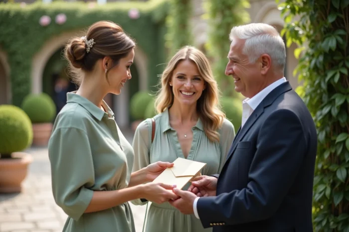 Une femme remet une enveloppe à ses parents lors d'un mariage en jardin, tous trois souriant chaleureusement