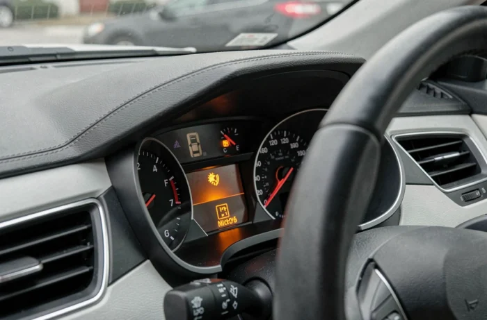 Voyant orange du moteur allumé sur le tableau de bord d'une voiture moderne après un plein de carburant
